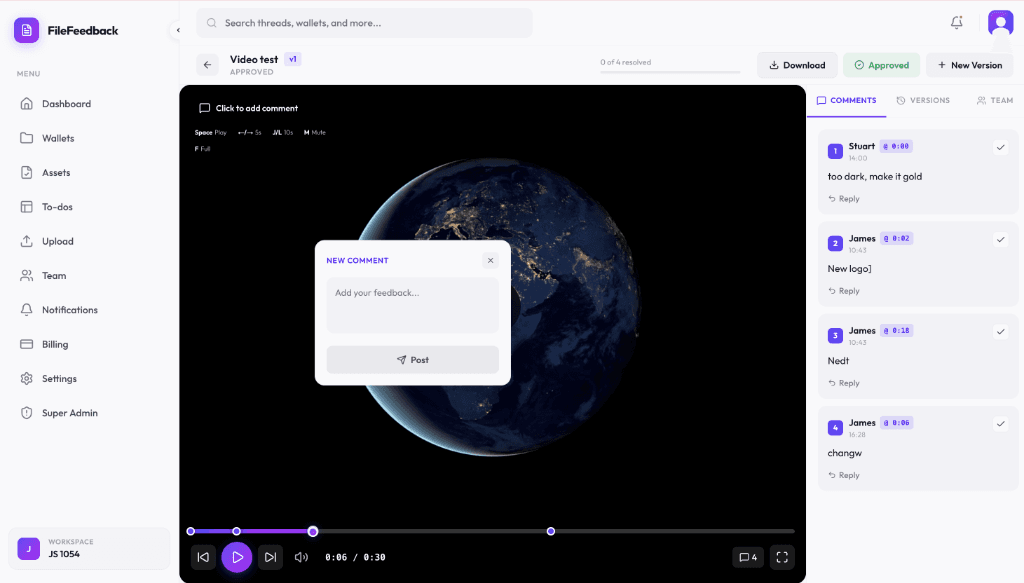 FileFeedback review interface showing timestamped comments on a video